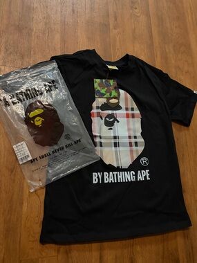 Bape Black Tee with Plaid Ape Head Graphic